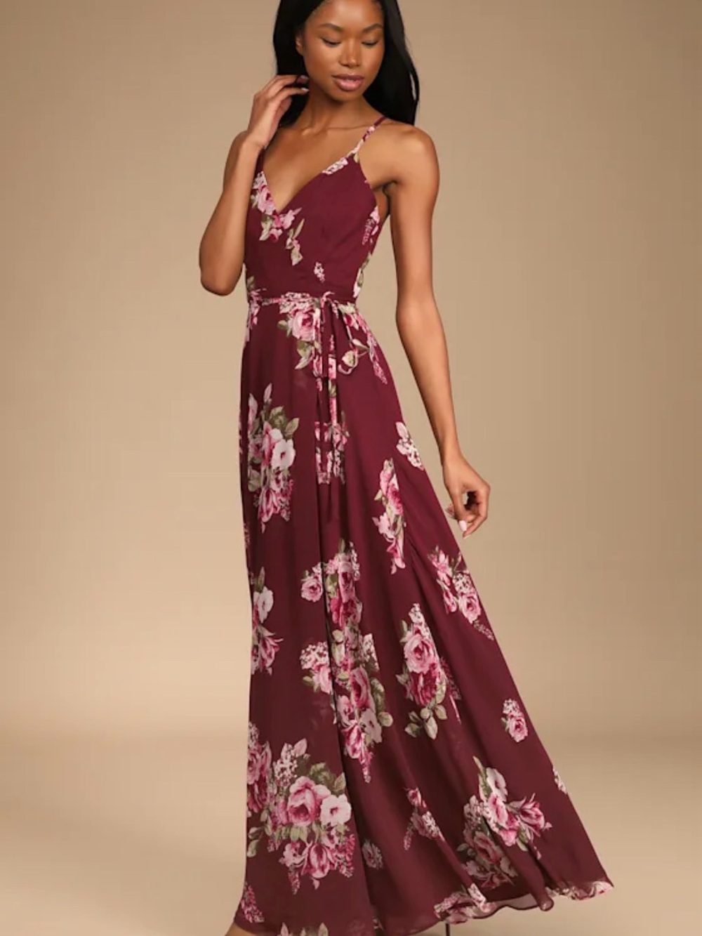 Lulus Burgundy Floral Print Wrap Maxi Dress
